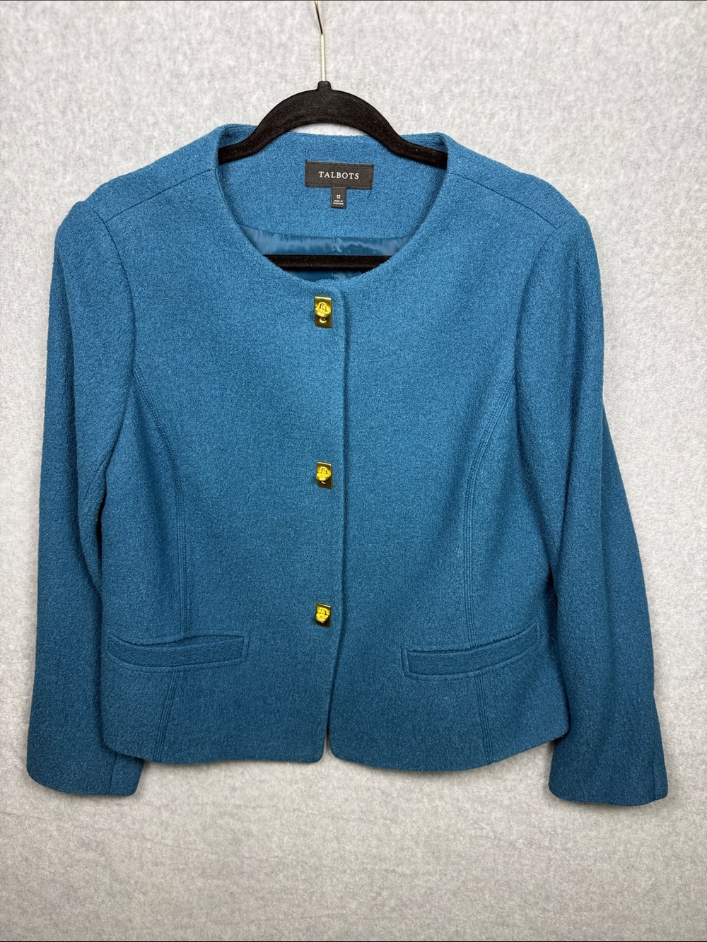 Talbots Teal Collarless Wool-Blend Blazer with Gold Buttons SZ 12 Career